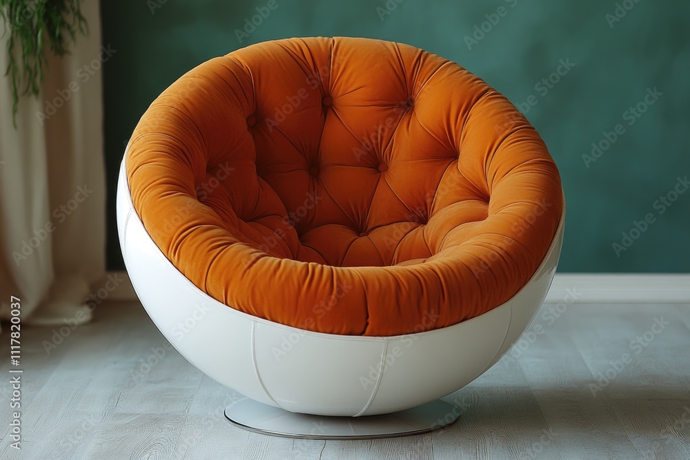 Poster a single chair with a white and orange design placed in a room