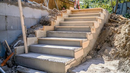 Concrete stairs under construction, surrounded by earth and wooden forms.