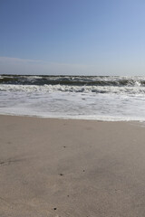 Calm Sandy Beach with Gentle Ocean Waves. A serene beach scene featuring smooth sandy shorelines and gentle waves under a bright blue sky, perfect for nature and travel-themed uses.