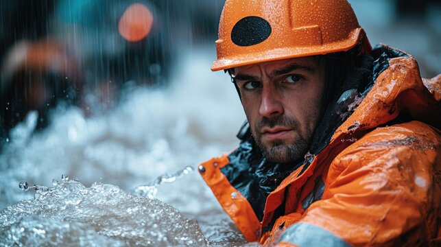 A person wearing an orange jacket and helmet floats on the surface of the water, possibly engaged in water sports or activities