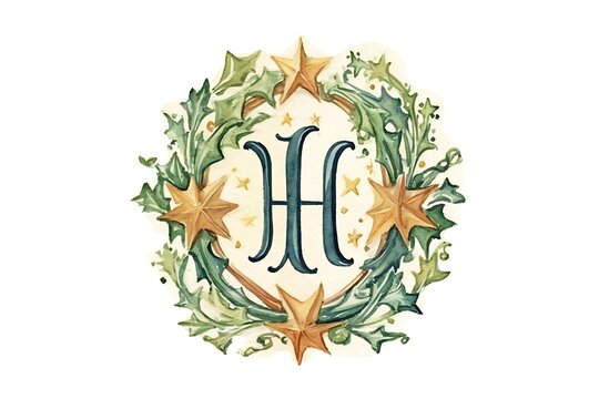 recommend clip art: Watercolor illustration of letter H in a decorative wreath with stars and leaves.