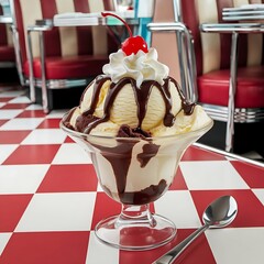 Classic sundae with vanilla and chocolate ice cream, hot fudge, whipped cream, and nuts, served in retro glass bowl with cherry