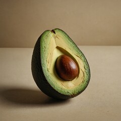 A bright green avocado with the pit exposed, surrounded by a soft beige background.