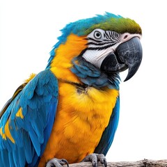 Fototapeta premium Vibrant Blue-and-Gold Macaw Parrot Close-up on White Background Exotic Bird Photography