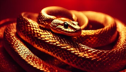 Golden snake close up over a red background, chinese new year wallpaper