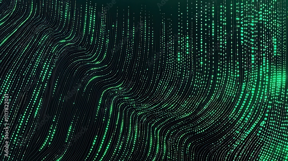 Poster flowing streams of light infused with binary patterns in a digital landscape