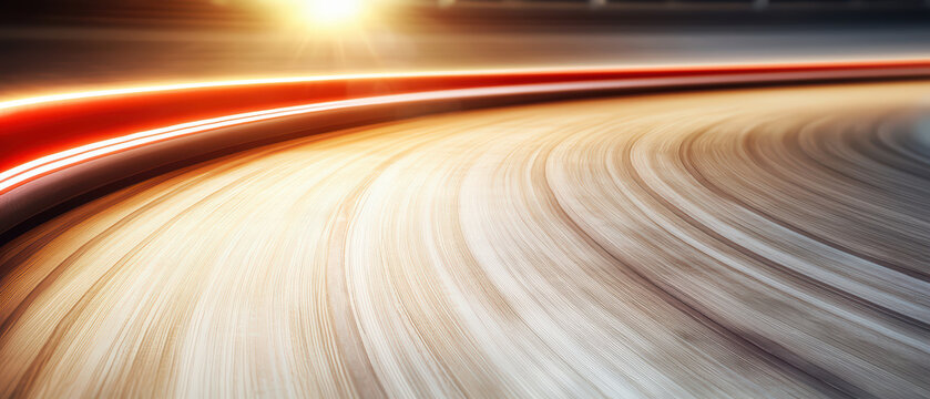 Sleek curved track of cycling velodrome with dynamic lighting effects, showcasing speed and motion. smooth surface creates exhilarating atmosphere for athletes