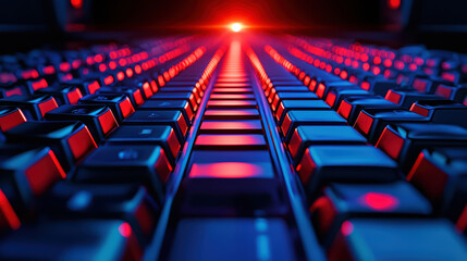 close up view of glowing keyboard with vibrant red and blue lighting, creating futuristic atmosphere. perspective emphasizes depth and sleek design of keys