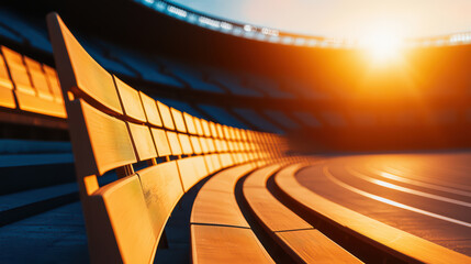 Obraz premium Sunset over futuristic sports stadium with illuminated wooden benches, creating warm and inviting atmosphere. curved seating enhances modern design