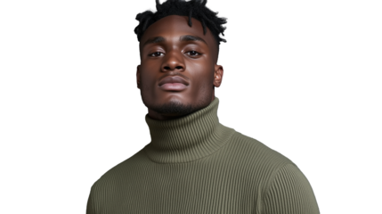Confident man in green turtleneck sweater on transparent background