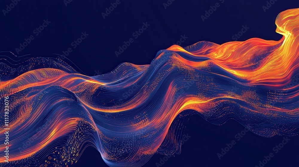 Poster flowing streams of light infused with binary patterns and vibrant colors in abstract design