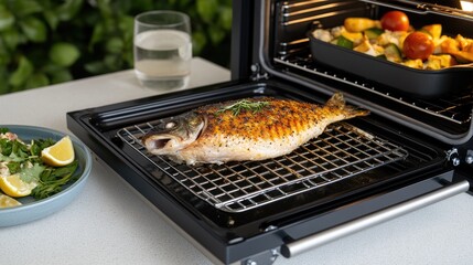 Brightly lit chicken pieces are baking on a metal rack inside an electric oven, showcasing a homey kitchen atmosphere