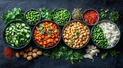 Assortment of healthy vegan dishes in bowls.