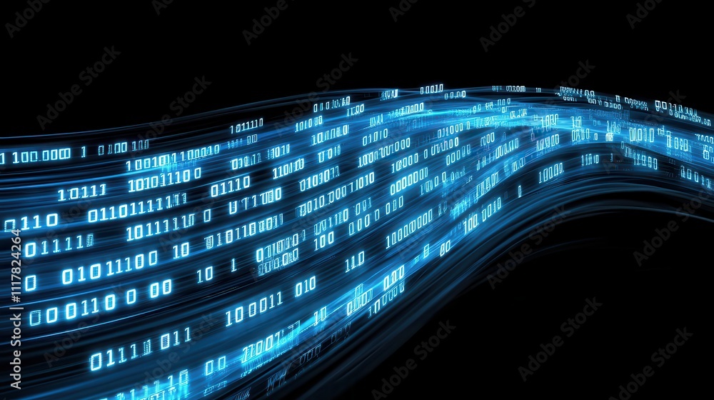 Poster flowing streams of light infused with binary patterns in digital space