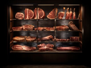 Showcasing premium dry-aged beef collection in professional aging room soft studio environment with wooden shelves