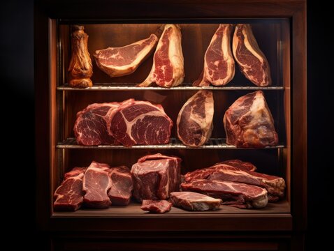 Showcasing premium dry-aged beef collection in a professional aging room with wooden shelves soft studio lighting for culinary enthusiasts