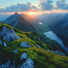 A breathtaking mountain landscape at sunset, showcasing nature's beauty and tranquility.