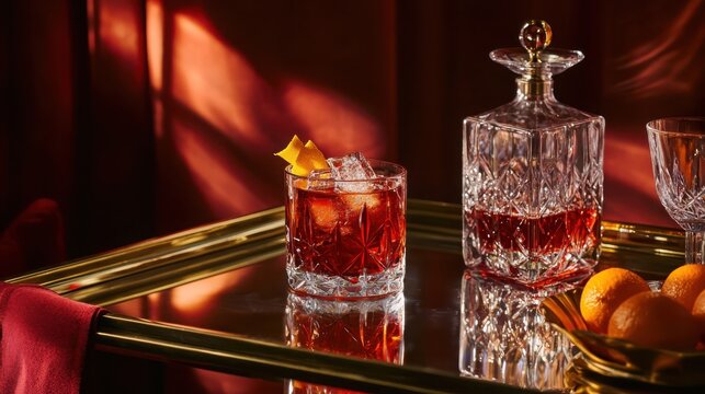 Crafting the perfect negroni cocktail vintage bar cart setup with crystal decanter on rich burgundy background dramatic lighting