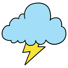 Hand drawn cartoon cloud and lightning on white background.