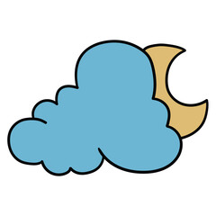 Hand drawn cartoon cloud and moon on white background.
