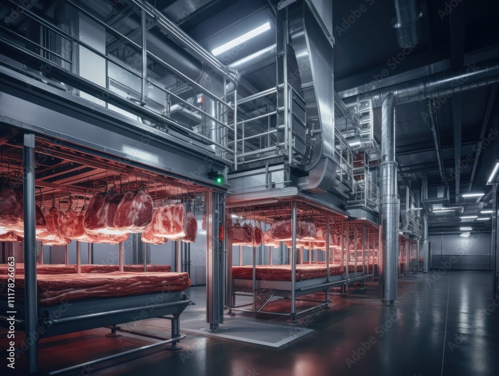Poster implementing modern technology in meat processing facilities with advanced conveyor systems and prof