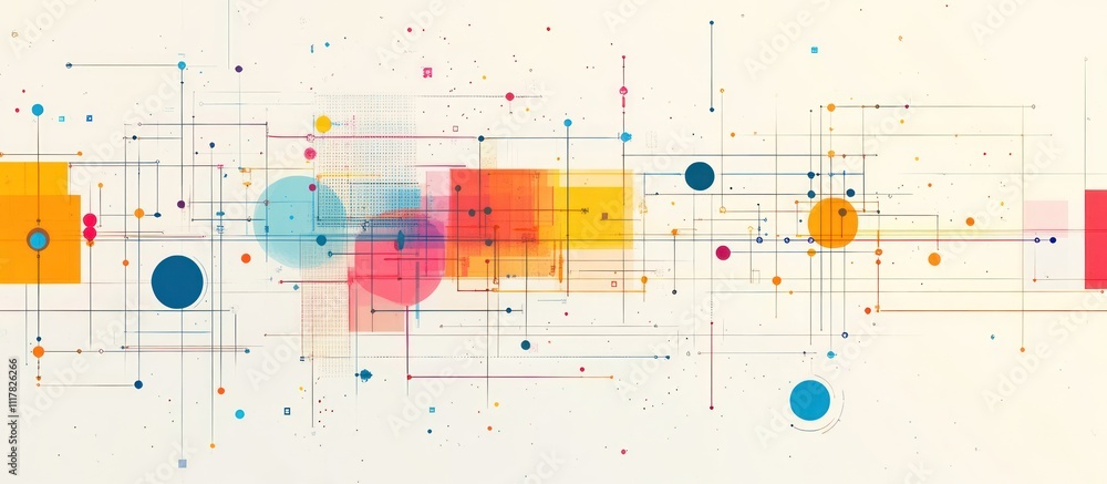 Poster abstract background with interconnected lines, shapes, and dots in a vibrant color palette.