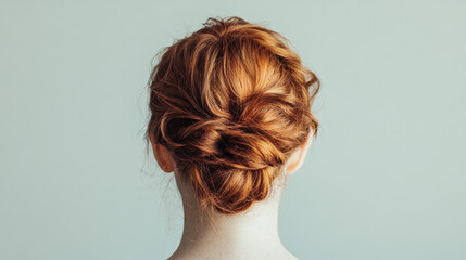 Obraz premium Back view of a Caucasian woman with red hair styled in an elegant bun against a neutral background.