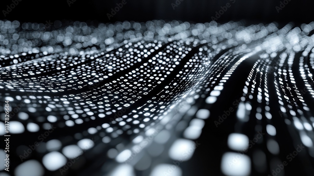 Poster flowing streams of light infused with binary patterns in a digital landscape