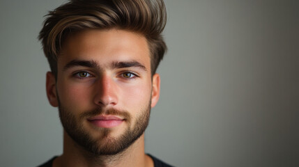 Fototapeta premium Portrait of a young Caucasian man with styled hair and a beard, gazing confidently at the camera against a neutral background.