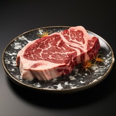 Fototapeta premium Captivating closeup of marbled wagyu beef on white ceramic plate studio lighting professional food photography