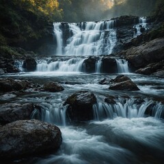 Obraz premium A view of a waterfall from behind, with the water cascading over rocks and creating a mist.