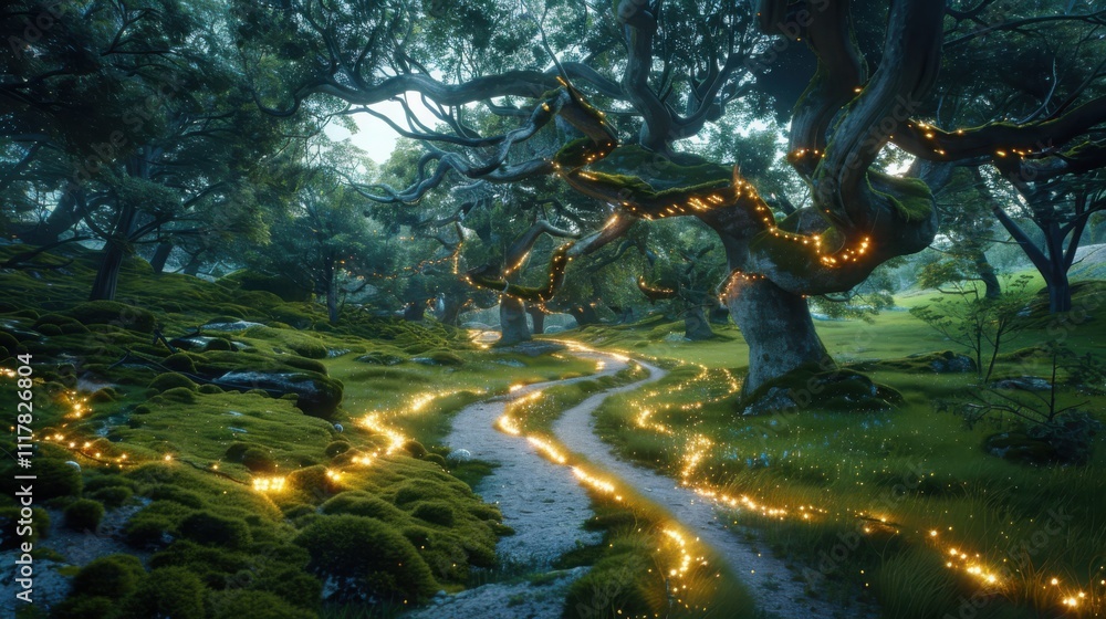 Poster exploring enchanted paths magical forest scenic imagery illuminated by fireflies ancient trees soft 