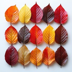 Obraz premium Vibrant Autumn Leaves Collection 15 Colorful Dried Leaves Arranged in a Grid Pattern on White Background - Perfect for Fall Designs