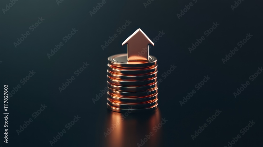 Poster here's a description and keywords for your stock photo.. stack of coins with upward arrow, signifyin