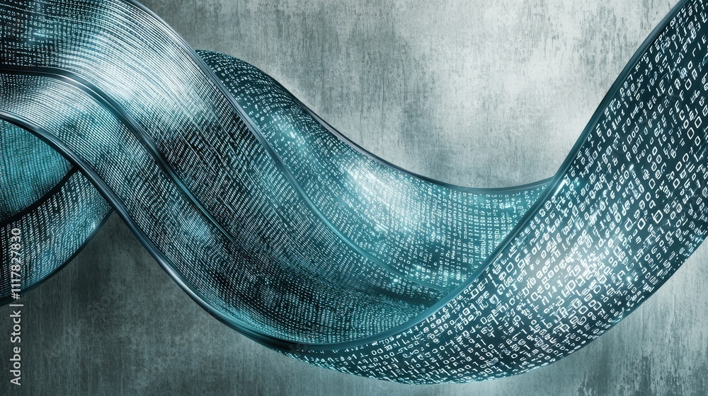 Poster flowing streams of light infused with binary patterns against a textured background