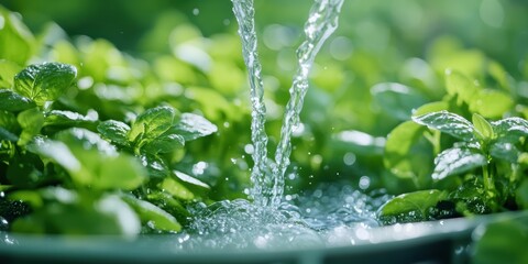 Fresh Mint Leaves with Water Splash in Greenery Garden Setting