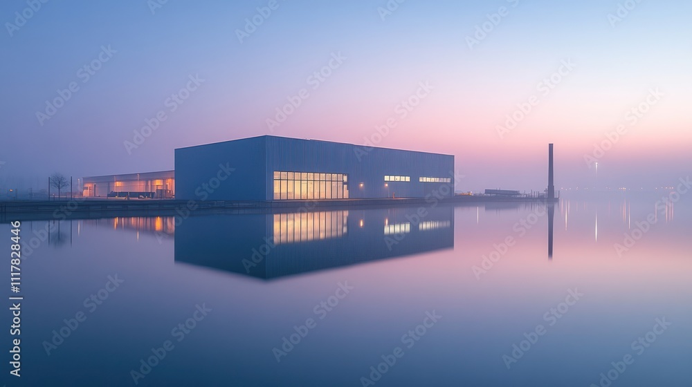 Poster a modern building with large windows reflected in a still lake at dawn.
