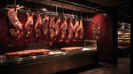 Crafting heritage dry-aged beef a professional butcher shop in rustic ambiance with dramatic lighting and deep burgundy accents