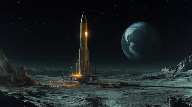 Preparing for a monumental rocket launch on the moon with Earth in the background