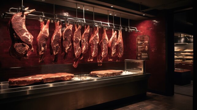 Crafting heritage dry-aged beef a professional butcher shop in rustic ambiance with dramatic lighting and deep burgundy accents