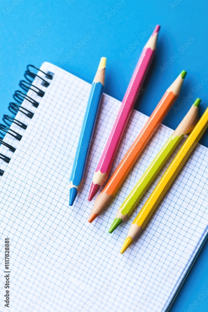 Poster three colorful pencils resting on a notebook, ready for creative use