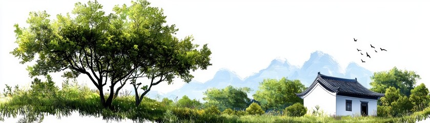Serene Minimalist Portrayal of Temple in Mountains with Lush Greenery
