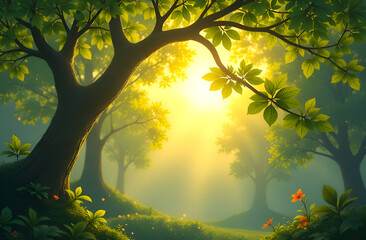 sunset in the woods, tree in the foreground, backlight	