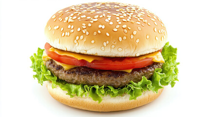 Delicious cheeseburger with lettuce, tomato, and beef patty, topped with sesame seed bun - perfect for a classic, mouth-watering meal.