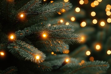 A close-up shot of a Christmas tree with lights shining in the background, ideal for winter-themed designs and holiday advertisements