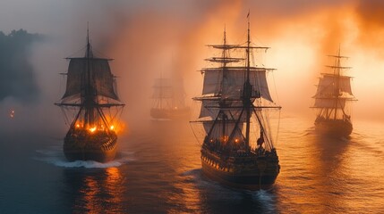 Obraz premium Epic Naval Battle: Majestic Tall Ships Sailing Through Foggy Seas at Sunrise, Capturing the Drama and Glory of Historic Maritime Warfare