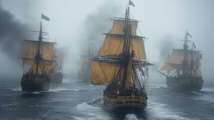 Obraz premium Epic Naval Battle: Majestic Tall Ships Sailing Through Foggy Seas at Sunrise, Capturing the Drama and Glory of Historic Maritime Warfare