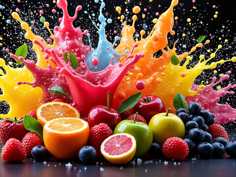 Cinematic food photography variety of fruits splashing representing healthy real fruit juice