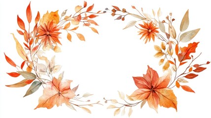 Watercolor painting of beautiful oval frames made from intertwined autumn leaves and flowers, in fall colors, as a cutout sticker or clipart on a solid background.
