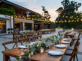 Obraz premium Create elegant dining setups for outdoor wedding receptions featuring floral centerpieces and twinkling fairy lights